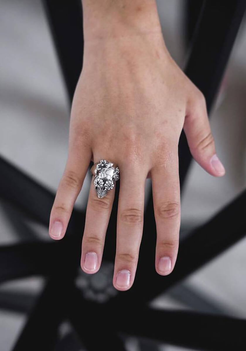 Bague Tête de Mort Fleurs