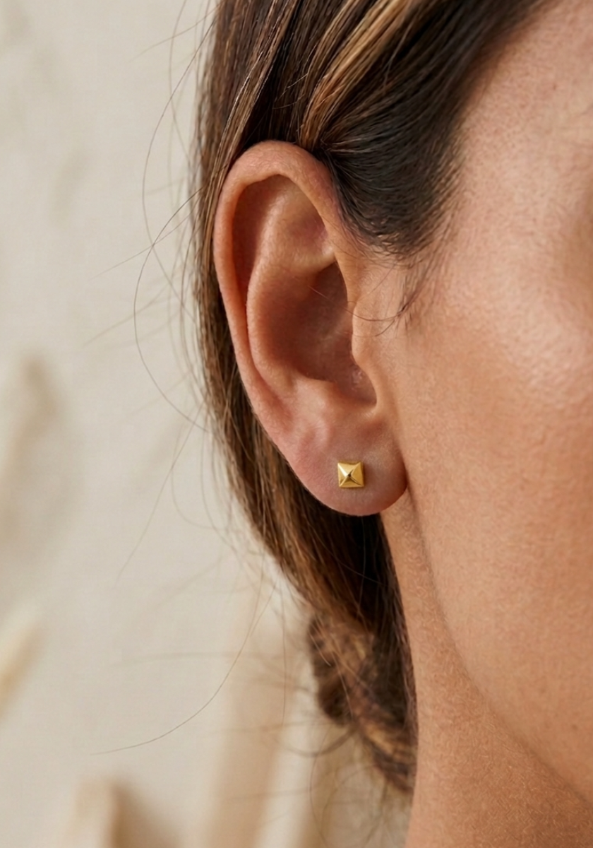 Small Gold Mono Pyramid Stud Earring